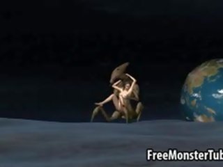 3d godin geneukt op de moon door een buitenaards monster