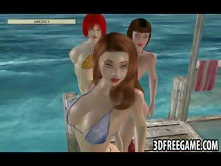 Charming 3D beach sluts are stripping and give oral