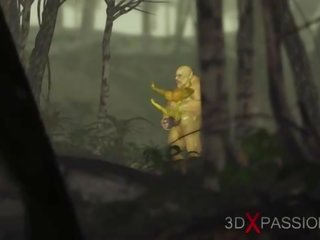 Xanh lục con quái vật ogre fucks cứng một libidinous phái nữ goblin arwen trong các enchanted rừng